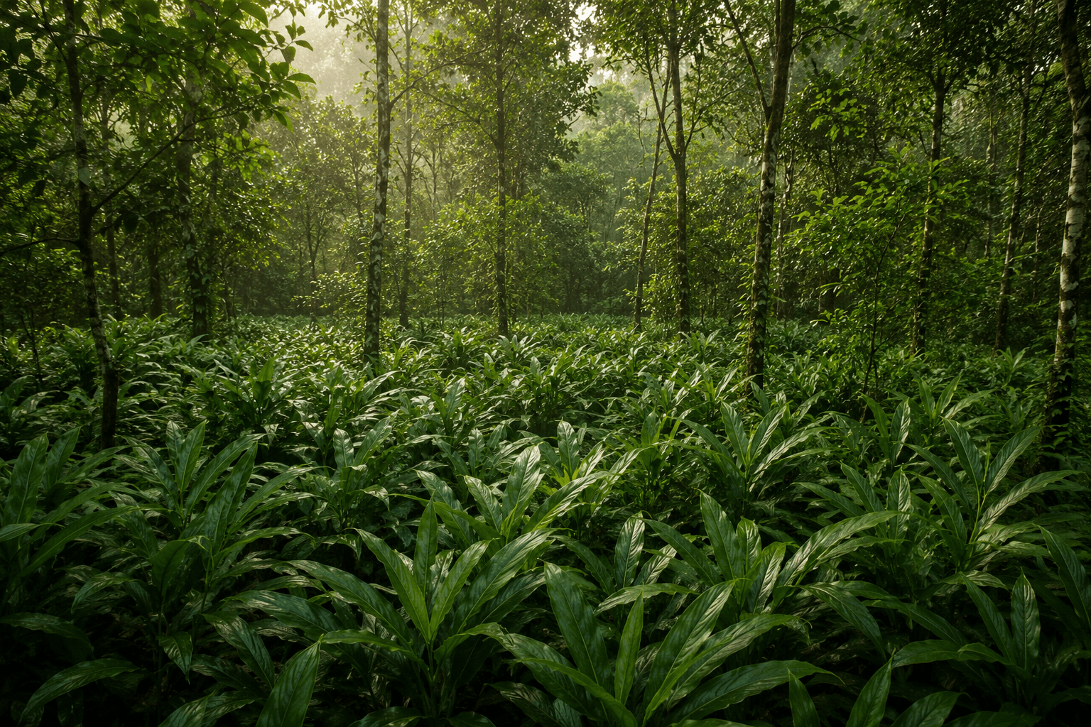 Farmer inspecting green spice plants in Kerala
